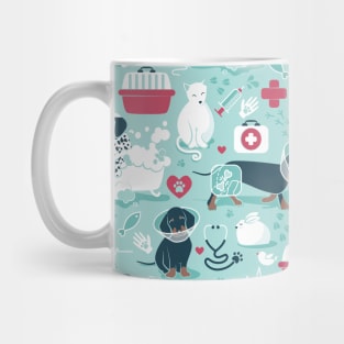 Veterinary medicine, happy and healthy friends // pattern // aqua background red details navy blue white and brown cats dogs and other animals Mug